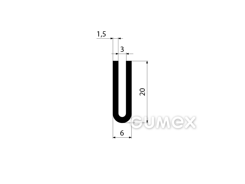 "U" Gummiprofil, 20x6/3mm, 70°ShA, NBR, -40°C/+70°C, schwarz, 